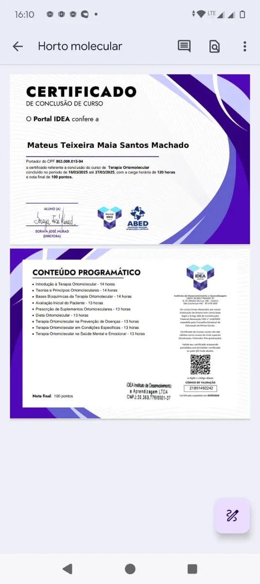Certificado em Terapia Ortomolecular — 120h