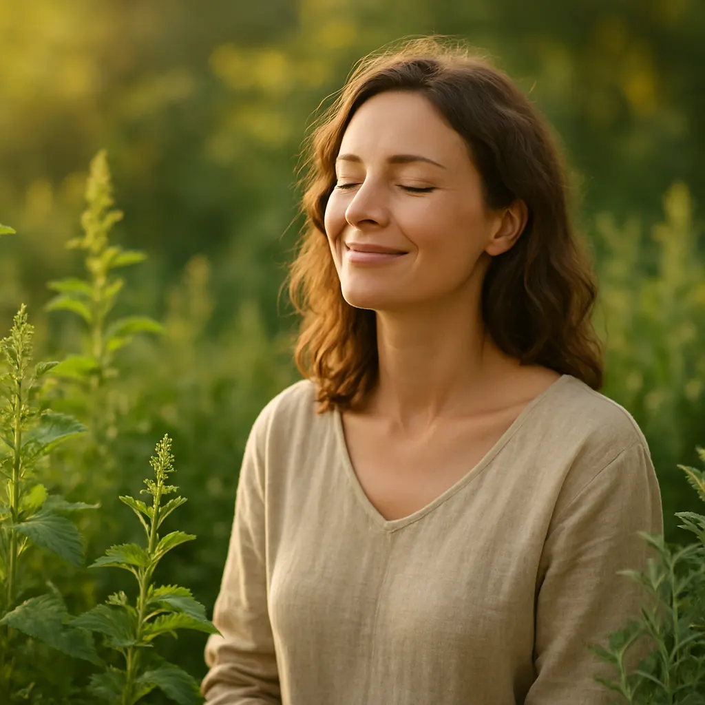 Pessoa sorrindo em ambiente natural cercada por plantas medicinais
